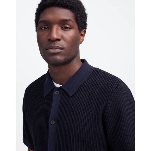 NWT Madewell Tuck-Stitch Button-Up Sweater Polo Navy Black Size Small - Picture 3 of 8